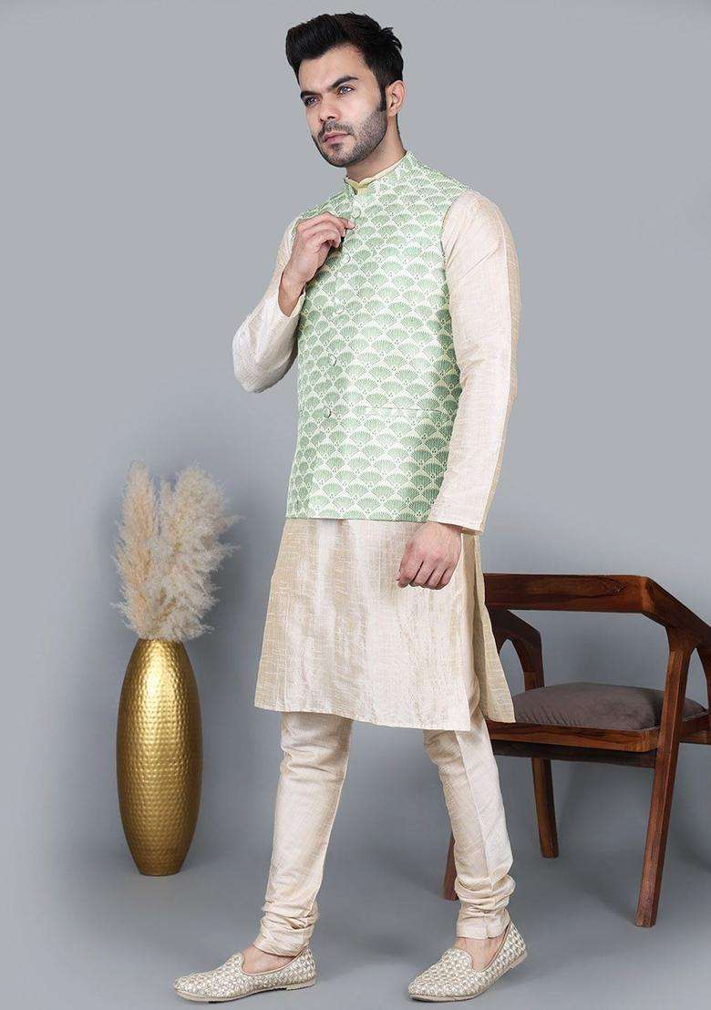 Beige Solid Silk Blend Kurta Set For Men - Indya