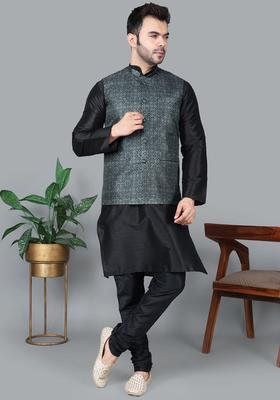 Black Solid Silk Kurta Set For Men