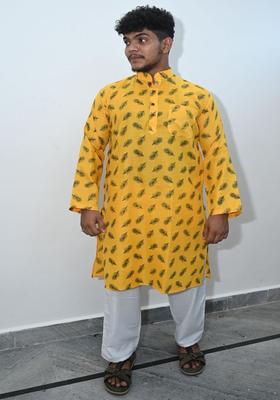 Yellow Printed Cotton Kurta Set For Men