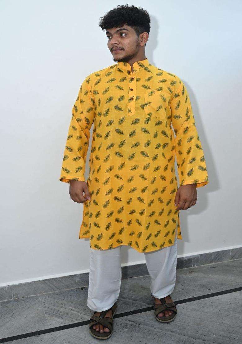 Yellow Printed Cotton Kurta Set For Men - Indya
