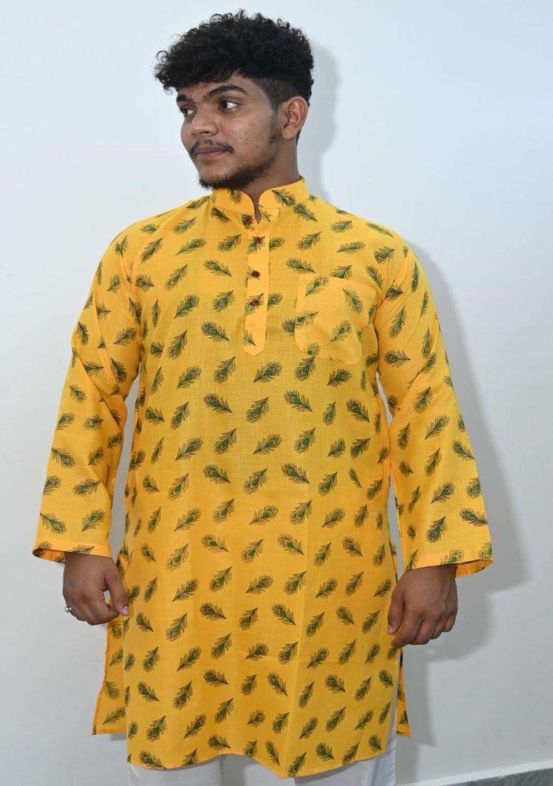 Yellow Printed Cotton Kurta Set For Men - Indya