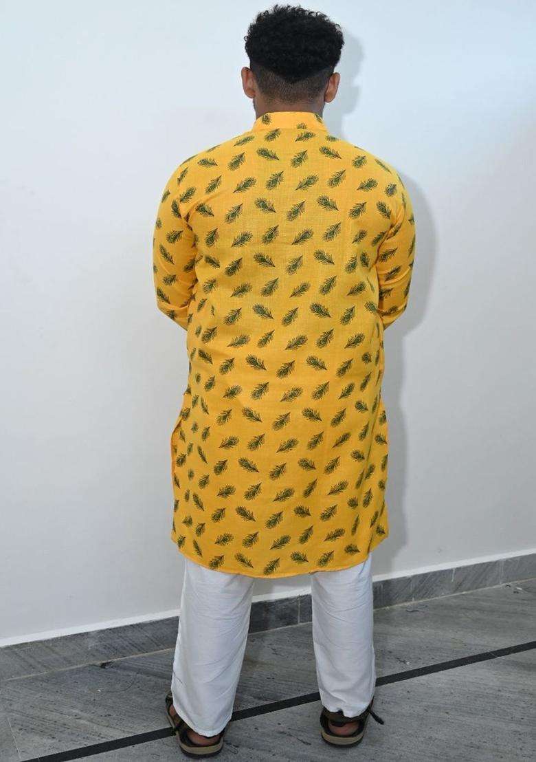 Yellow Printed Cotton Kurta Set For Men - Indya