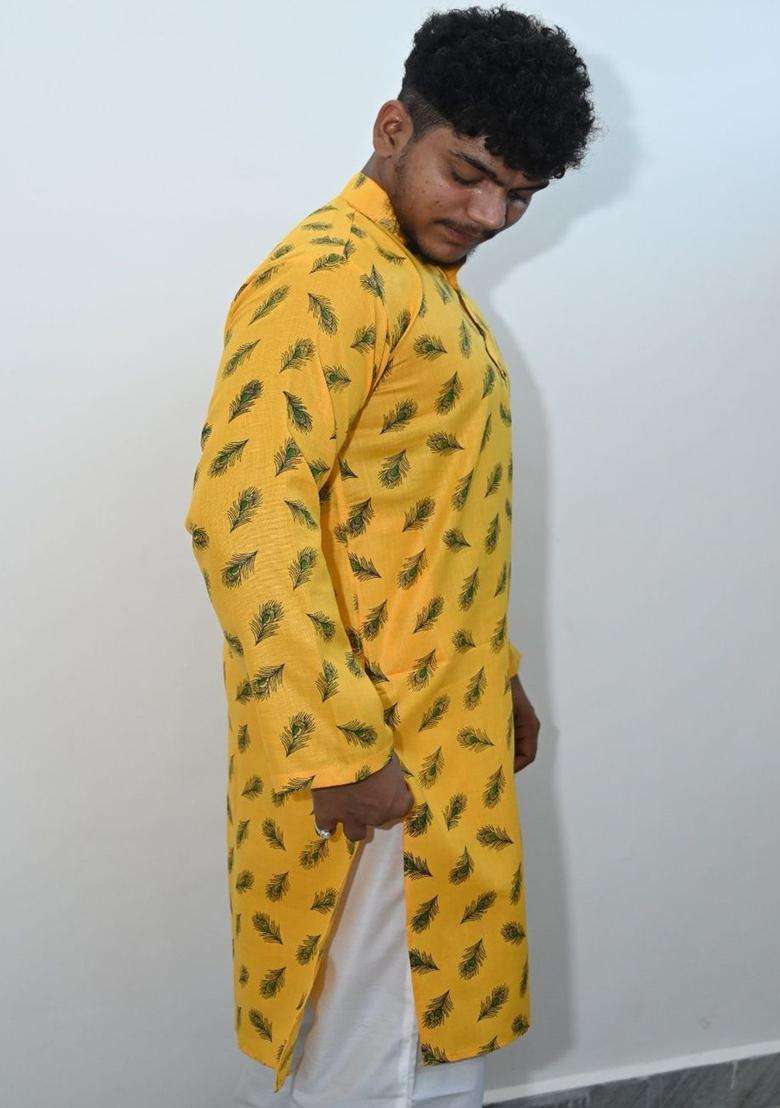 Yellow Printed Cotton Kurta Set For Men - Indya