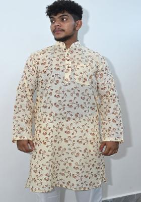 Khaki Printed Cotton Kurta Set For Men