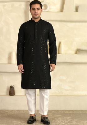 Black Embroidered Viscose Kurta Set For Men