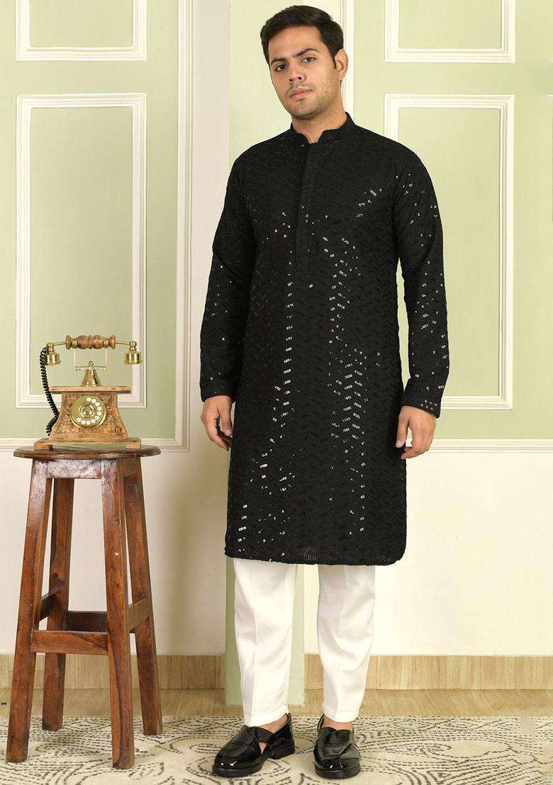 Black Self Design Viscose Kurta Set For Men - Indya