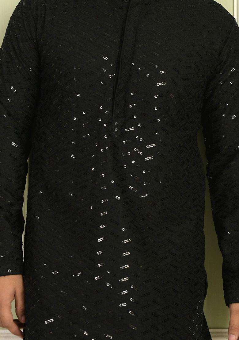 Black Self Design Viscose Kurta Set For Men - Indya