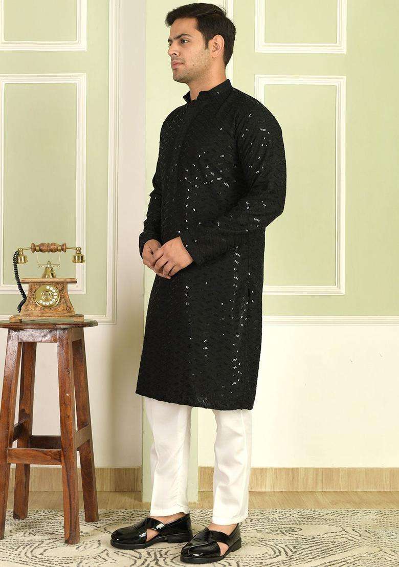 Black Self Design Viscose Kurta Set For Men - Indya