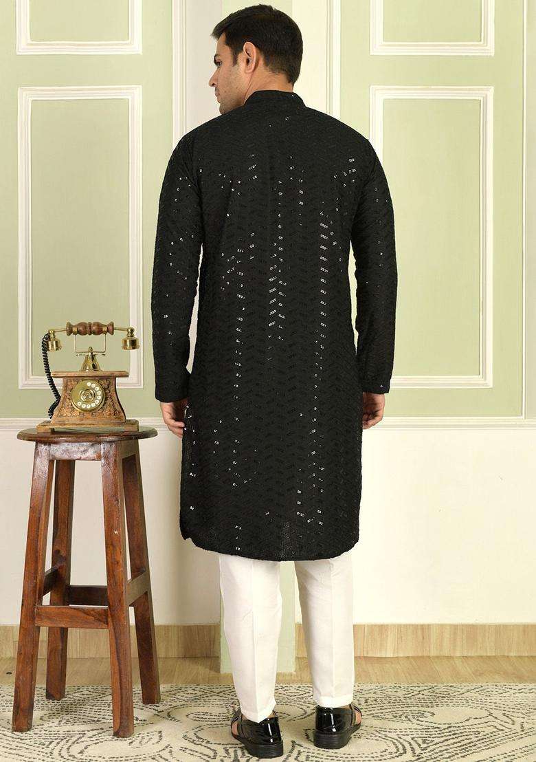 Black Self Design Viscose Kurta Set For Men - Indya