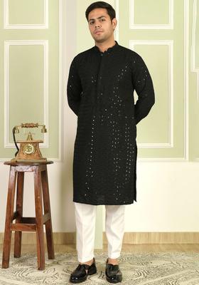 Black Embroidered Viscose Kurta Set For Men