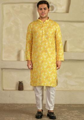 Yellow Printed Viscose Kurta Set For Men