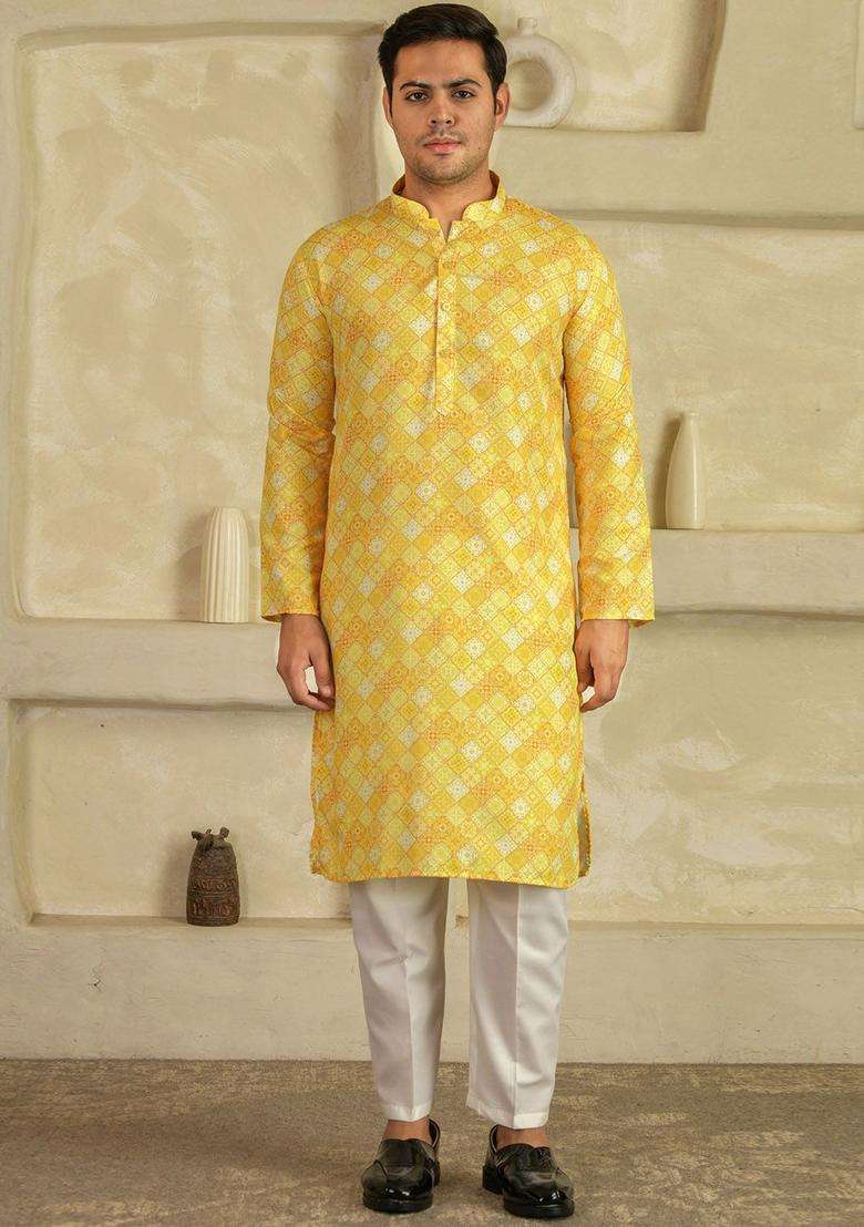 Yellow Printed Viscose Kurta Set For Men - Indya