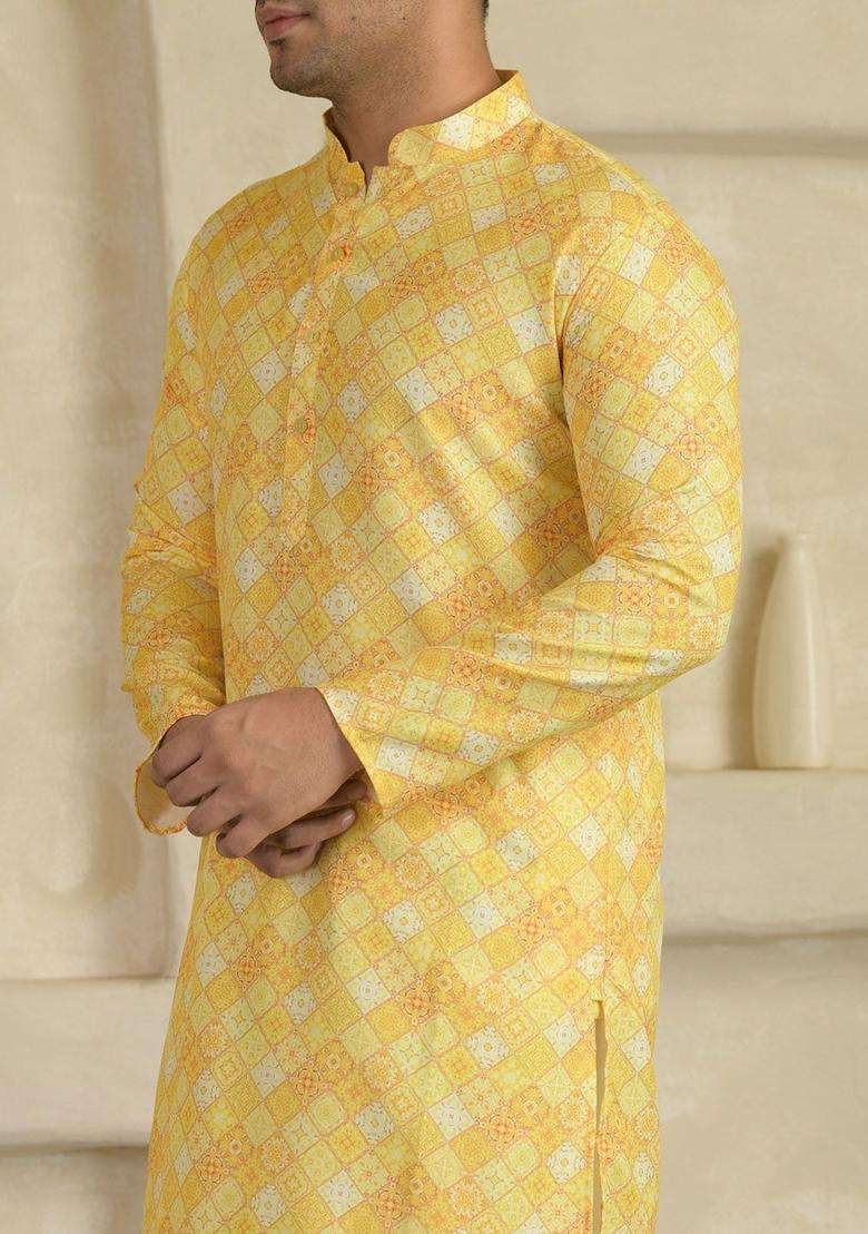 Yellow Printed Viscose Kurta Set For Men - Indya