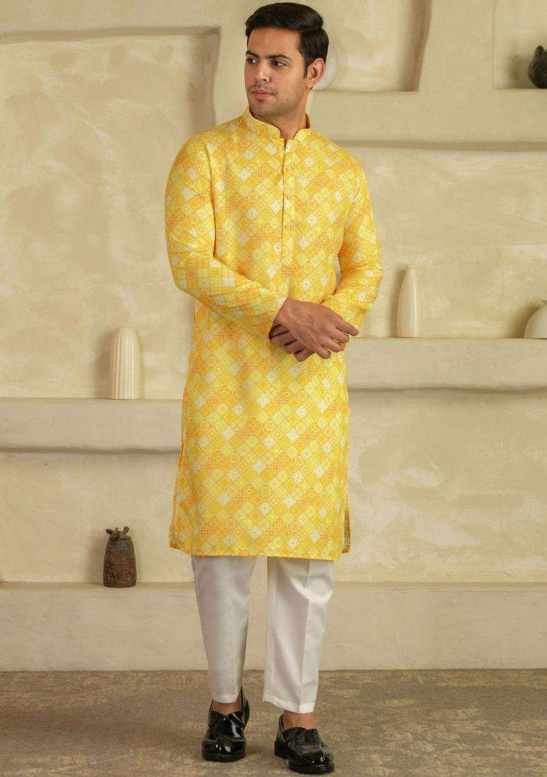 Yellow Printed Viscose Kurta Set For Men - Indya
