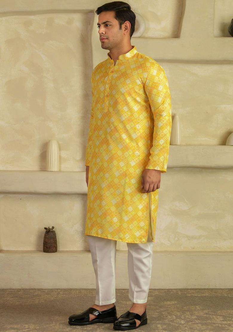 Yellow Printed Viscose Kurta Set For Men - Indya