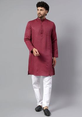 Maroon Checked Cotton Kurta Set For Men