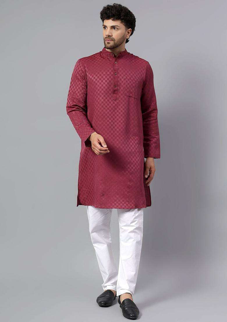 Maroon Checked Cotton Kurta Set For Men - Indya