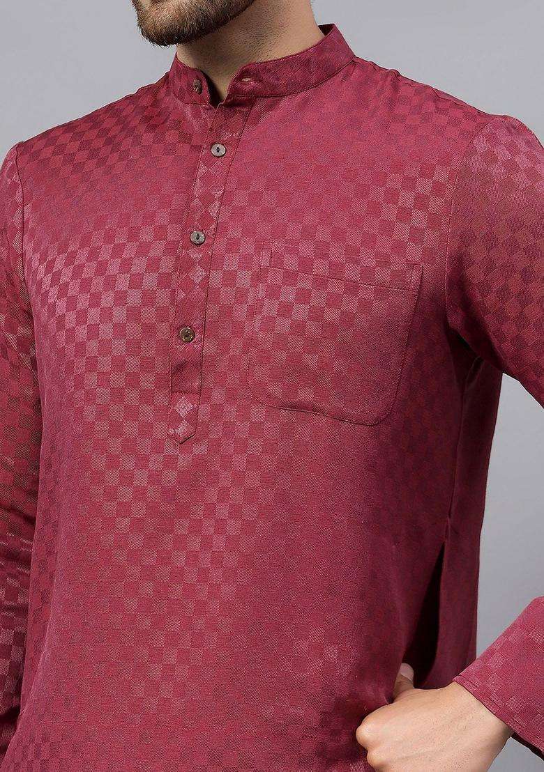 Maroon Checked Cotton Kurta Set For Men - Indya