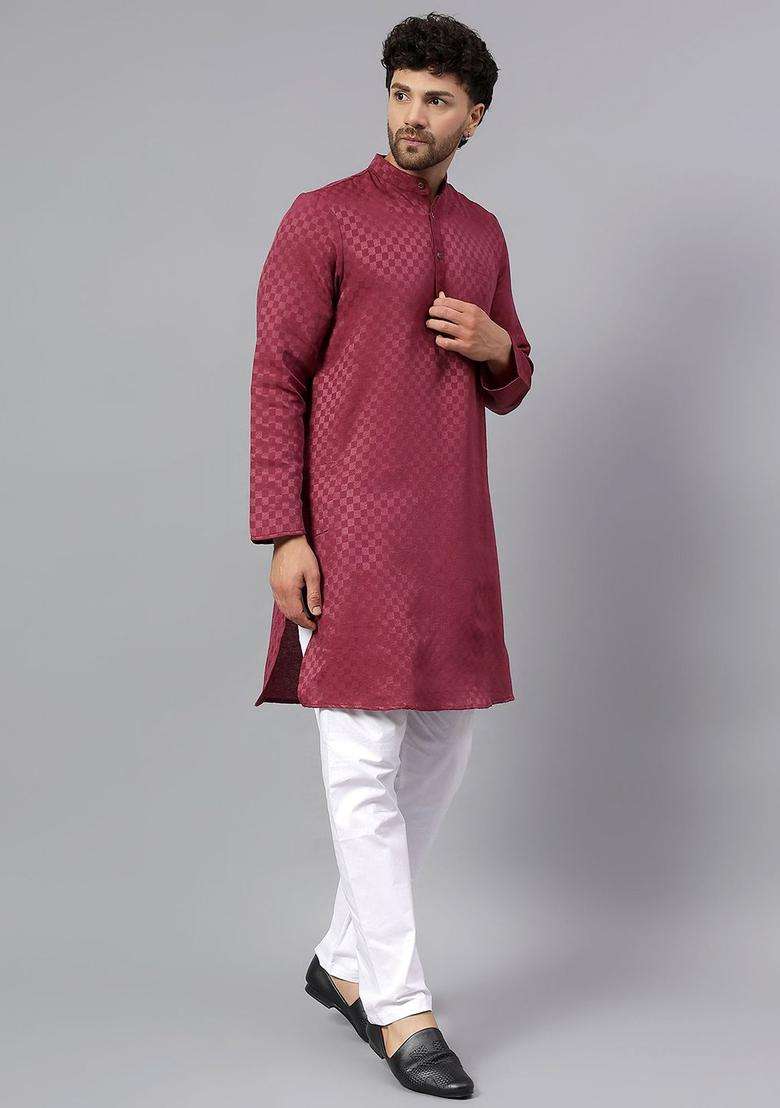 Maroon Checked Cotton Kurta Set For Men - Indya