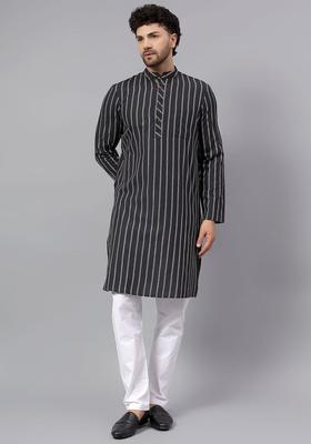 Black Striped Cotton Kurta Set For Men