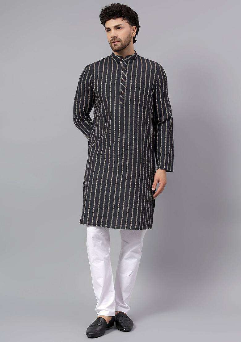 Black Striped Cotton Kurta Set For Men - Indya