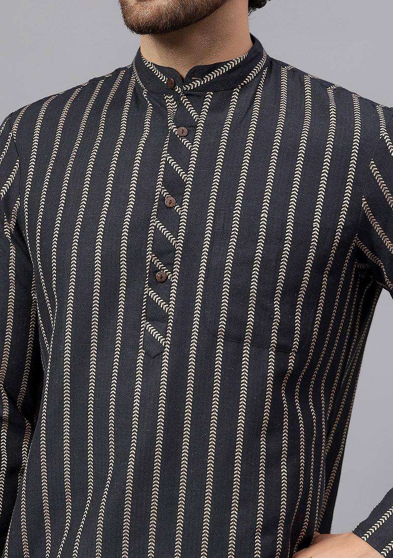 Black Striped Cotton Kurta Set For Men - Indya
