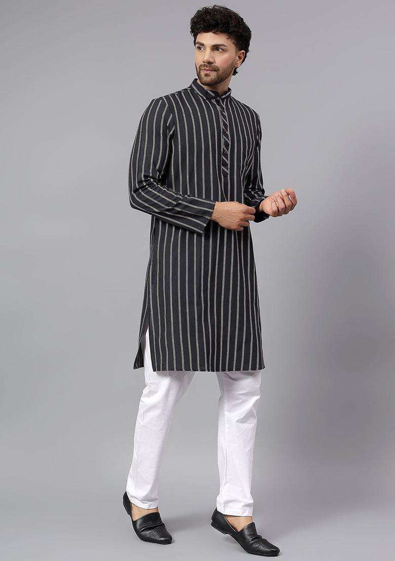Black Striped Cotton Kurta Set For Men - Indya