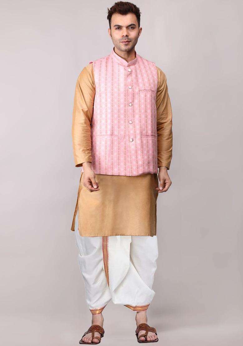 Pink Solid Cotton Kurta Set For Men - Indya