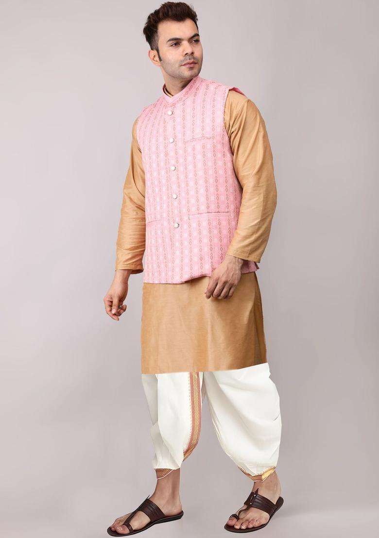 Pink Solid Cotton Kurta Set For Men - Indya