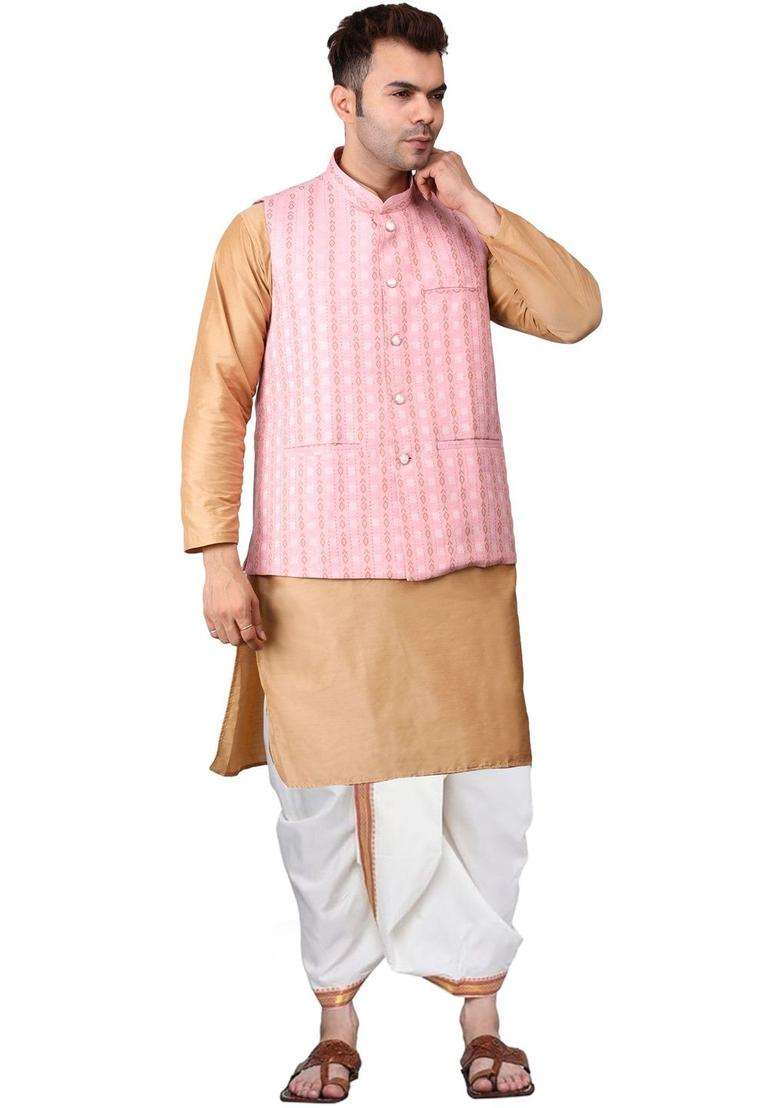 Pink Solid Cotton Kurta Set For Men - Indya