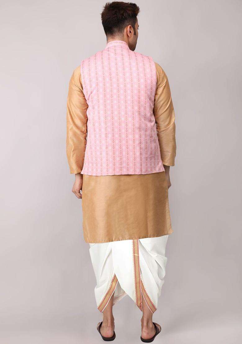 Pink Solid Cotton Kurta Set For Men - Indya