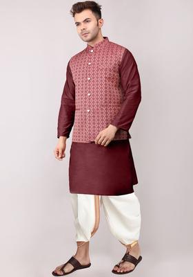 Maroon Solid Cotton Kurta Set For Men