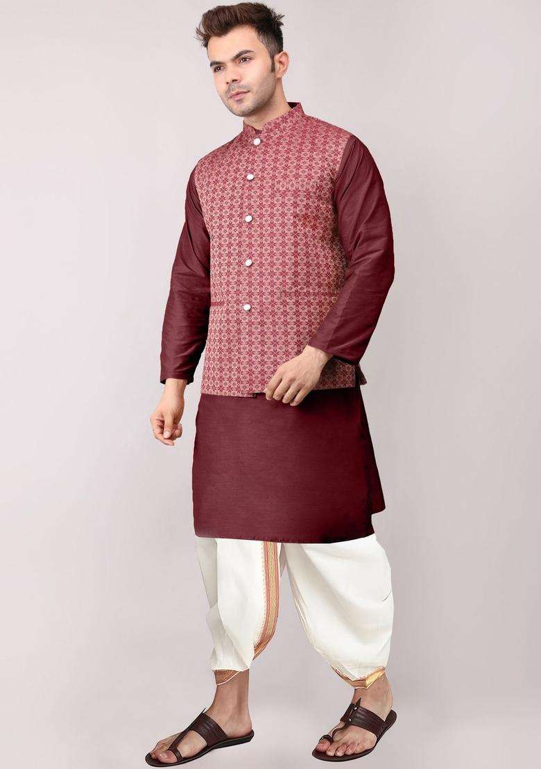 Maroon Solid Cotton Kurta Set For Men - Indya