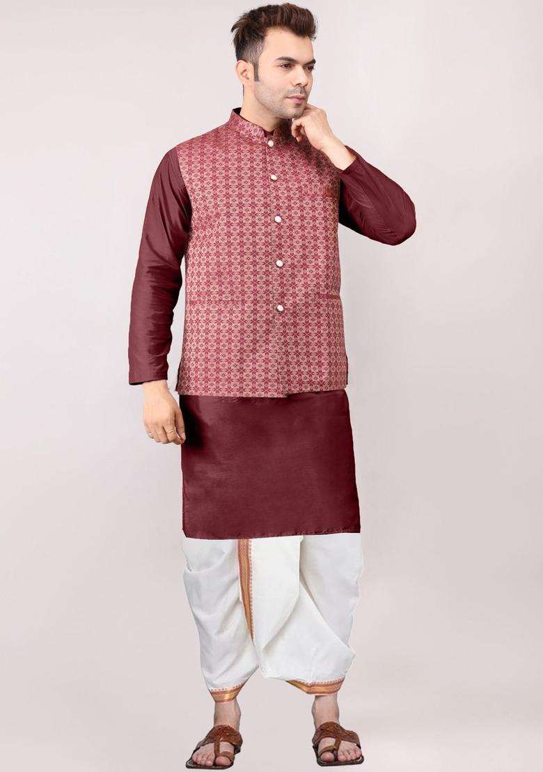 Maroon Solid Cotton Kurta Set For Men - Indya