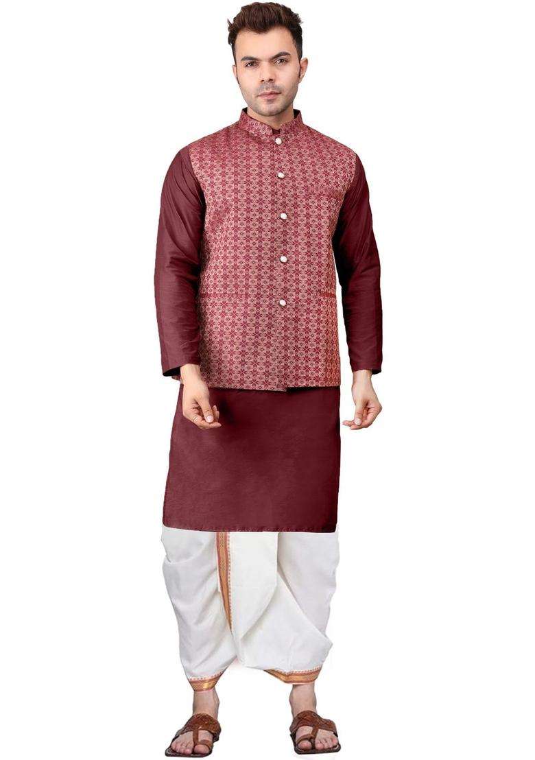Maroon Solid Cotton Kurta Set For Men - Indya