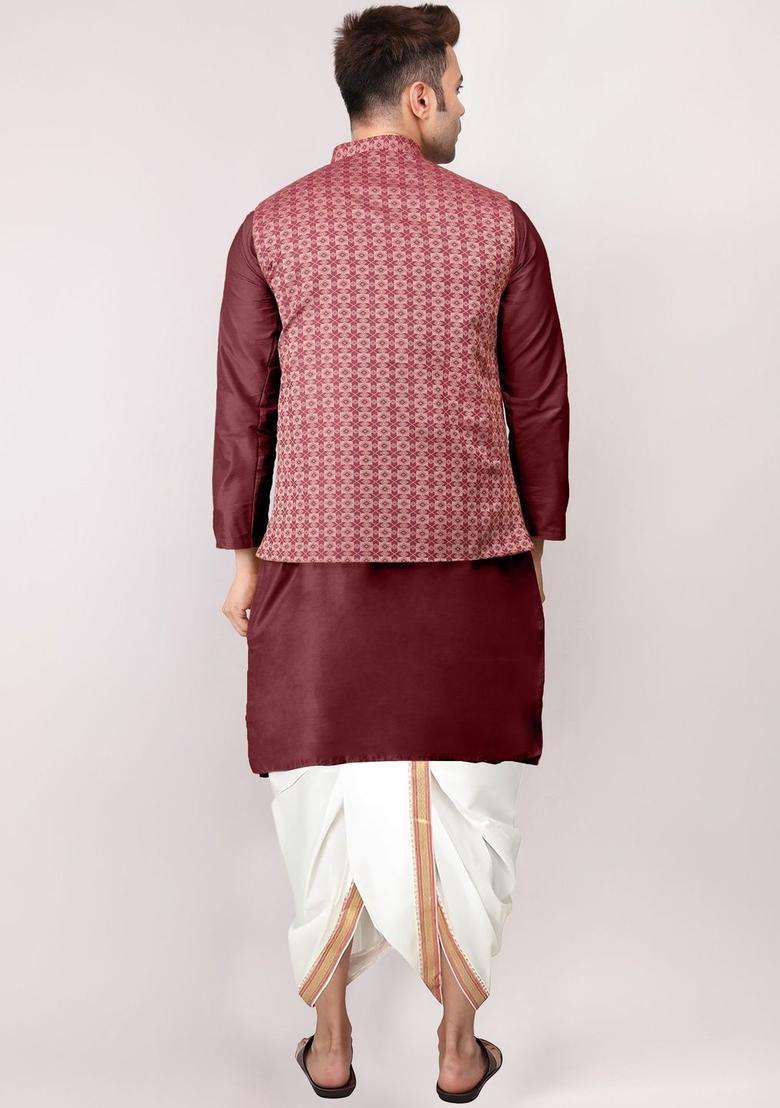 Maroon Solid Cotton Kurta Set For Men - Indya