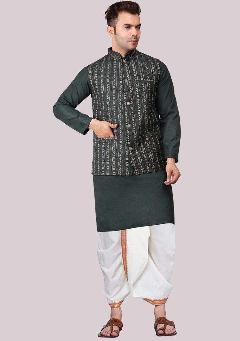 Green Solid Cotton Kurta Set For Men - Indya