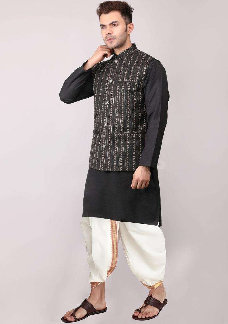 Black Solid Cotton Kurta Set For Men - Indya