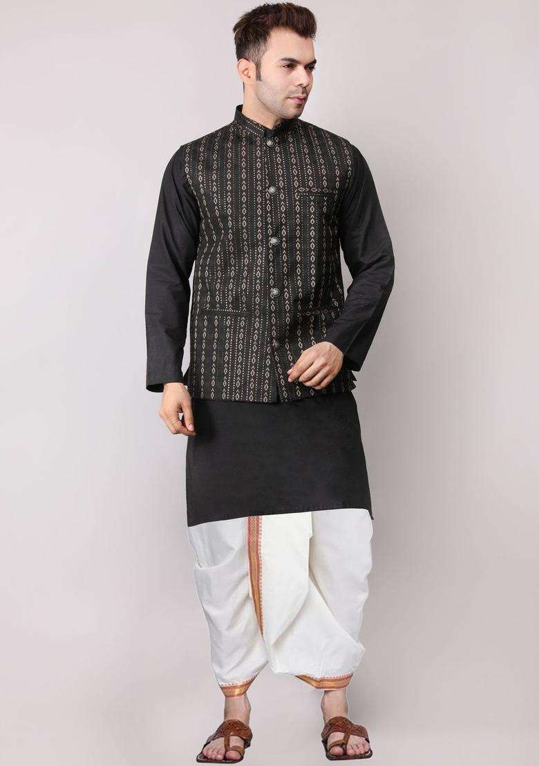 Black Solid Cotton Kurta Set For Men - Indya