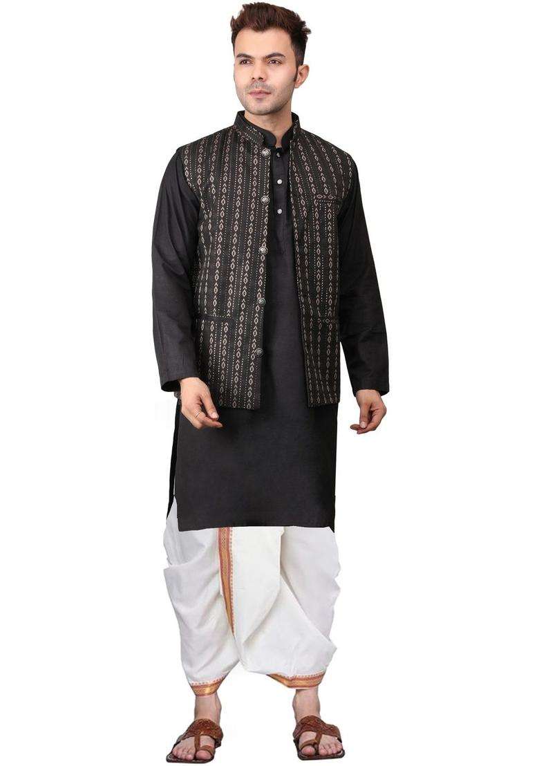 Black Solid Cotton Kurta Set For Men - Indya