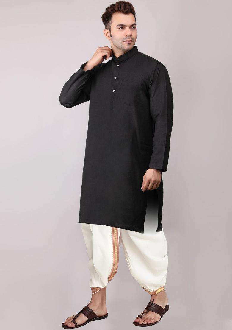 Black Solid Cotton Kurta Set For Men - Indya