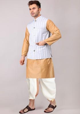 Gold Solid Cotton Kurta Set For Men
