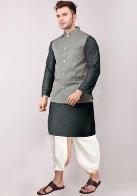 Green Solid Cotton Kurta Set For Men