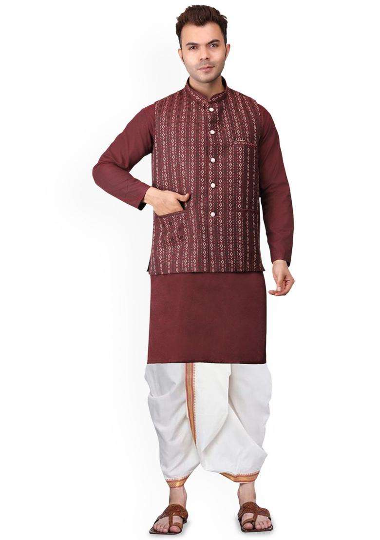 Maroon Solid Cotton Kurta Set For Men - Indya