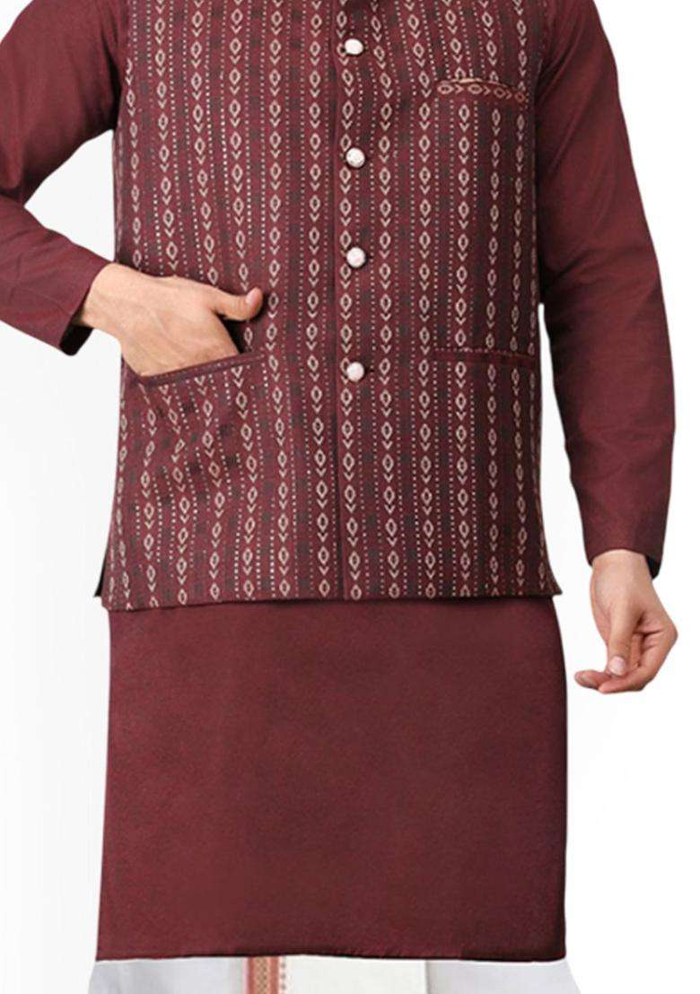 Maroon Solid Cotton Kurta Set For Men - Indya