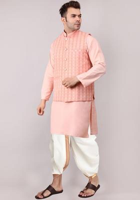 Peach Solid Cotton Kurta Set For Men