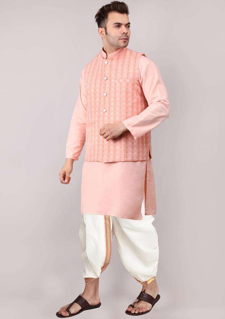 Peach Solid Cotton Kurta Set For Men - Indya