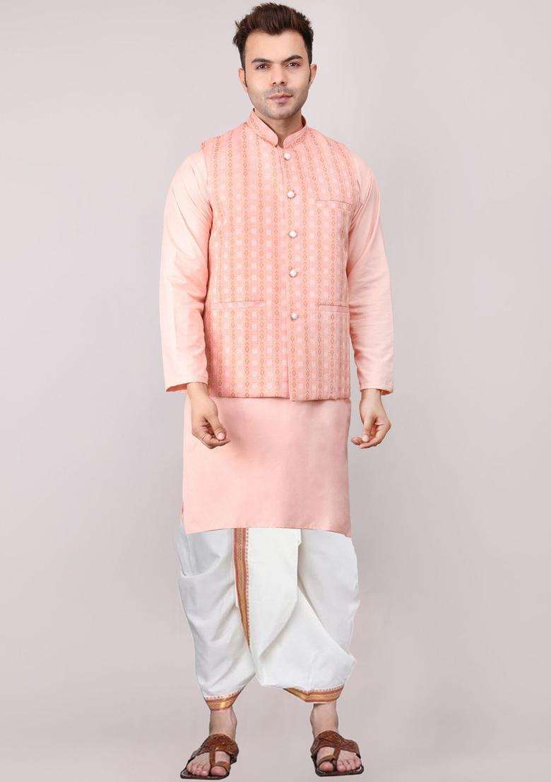 Peach Solid Cotton Kurta Set For Men - Indya