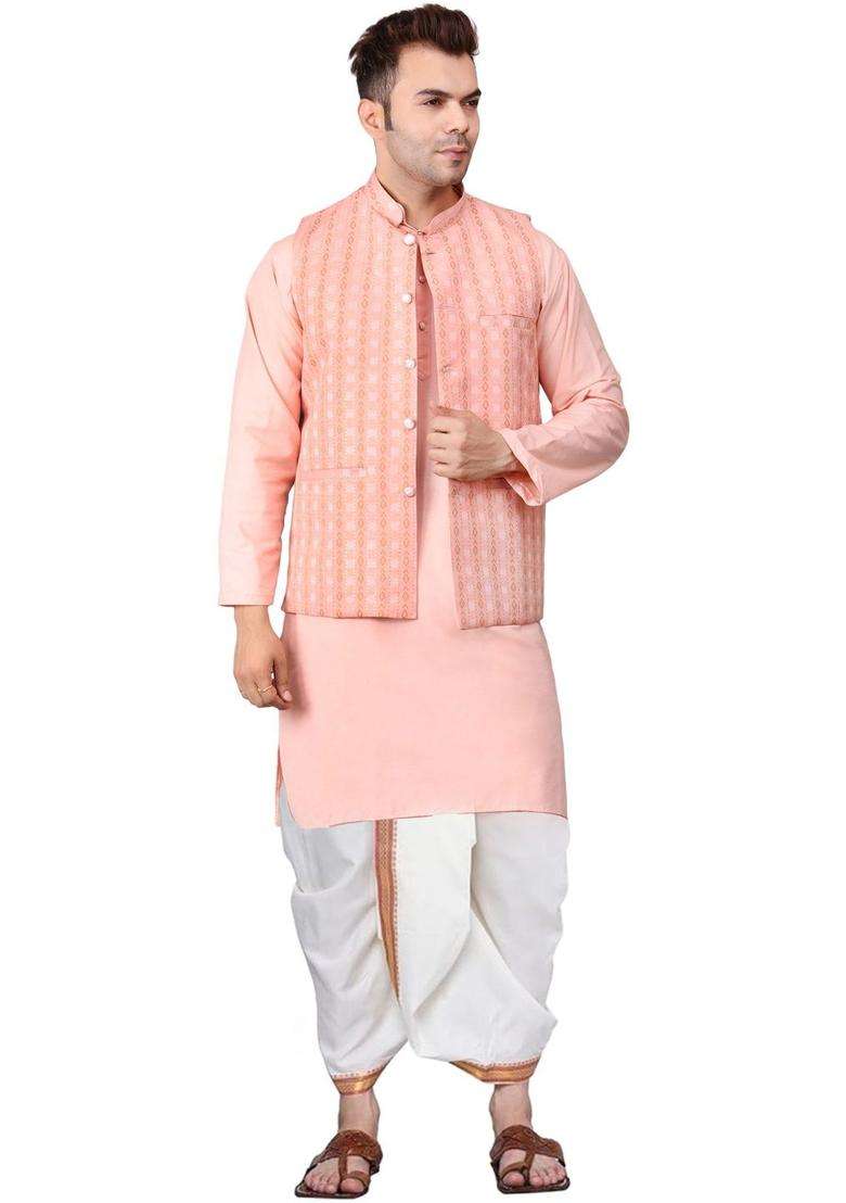 Peach Solid Cotton Kurta Set For Men - Indya