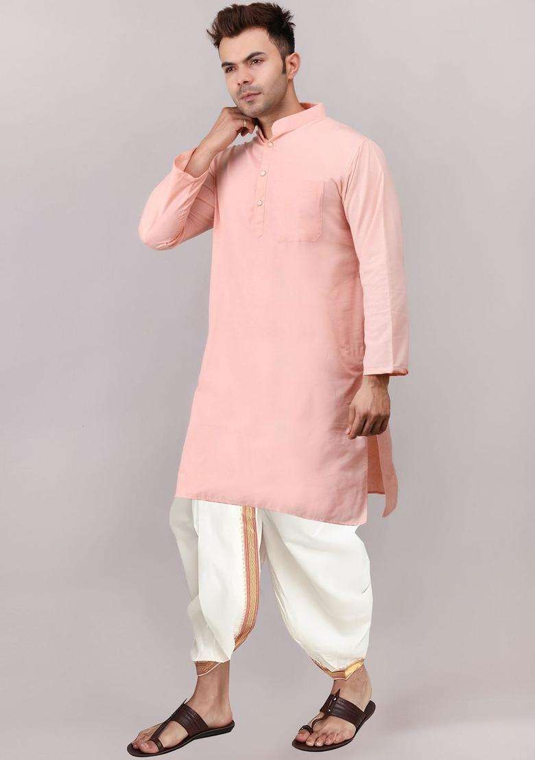 Peach Solid Cotton Kurta Set For Men - Indya